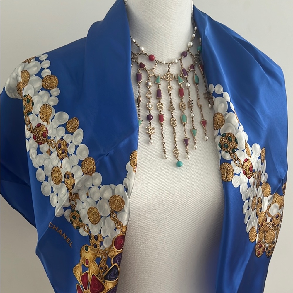 CHANEL Blue and Gold Silk Scarf with Botanical Print